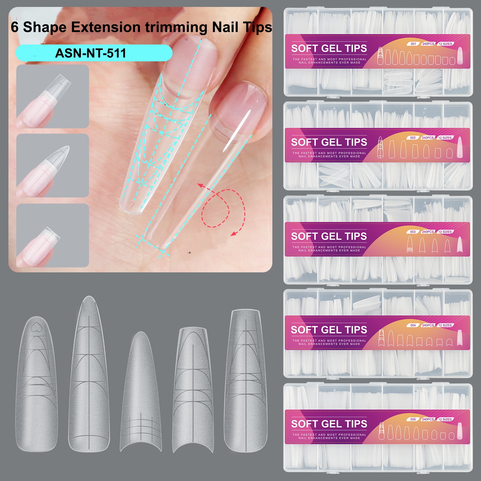 6 Nail Shape Extension Trimming 240PCS Nail Tips